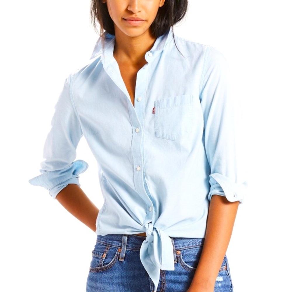 LEVI’S BUTTON DOWN DENIM TIE FRONT COLLARED BLOUSE